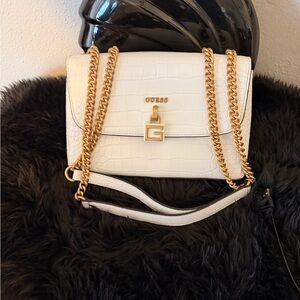 GUESS White Croc-Embossed Chain Shoulder Bag